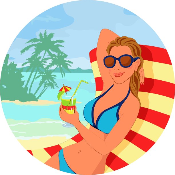 在海滩上喝着鸡尾酒的女孩图片下载