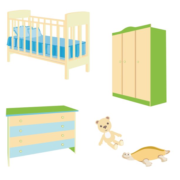 一套婴儿家具，床头柜，一张床图片下载