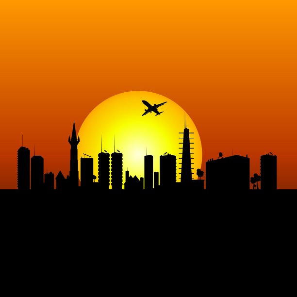 有阳光和平面的城市剪影图片下载