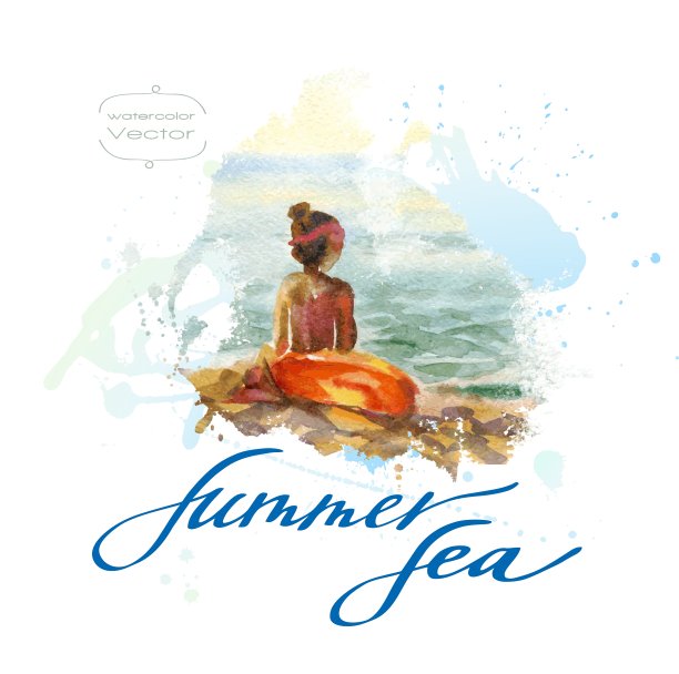 水彩海景与女孩图片下载