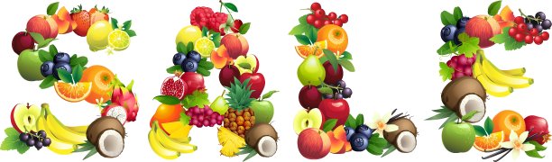 文字销售由不同的水果与叶子组成图片下载
