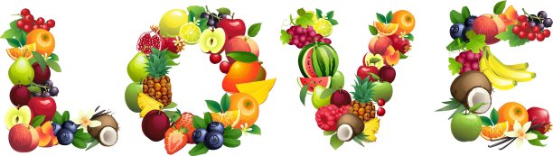 单词LOVE由不同的水果和叶子组成图片下载