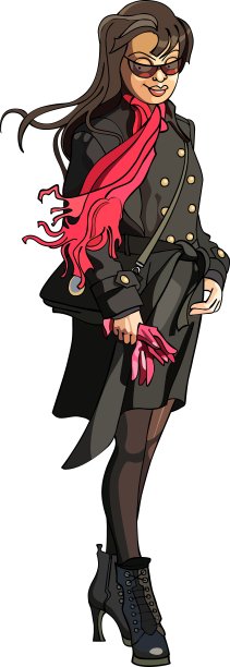 卡通女孩穿着大衣，围巾在里面飘动图片下载