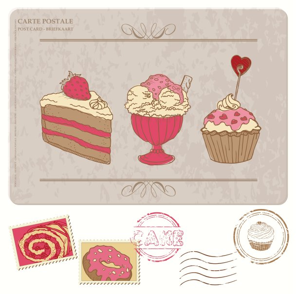 旧明信片上的一套纸杯蛋糕图片下载