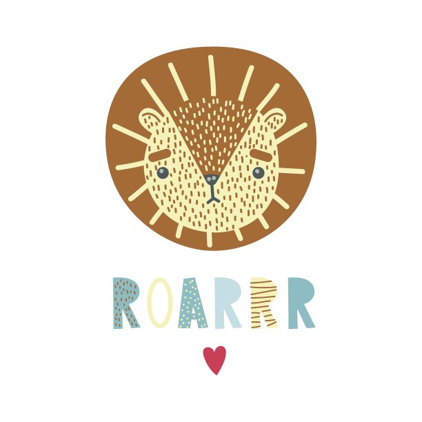 一个可爱的狮子。矢量插图，海报，印刷，卡片与可爱的狮子，心和字母咆哮。手绘。图片下载