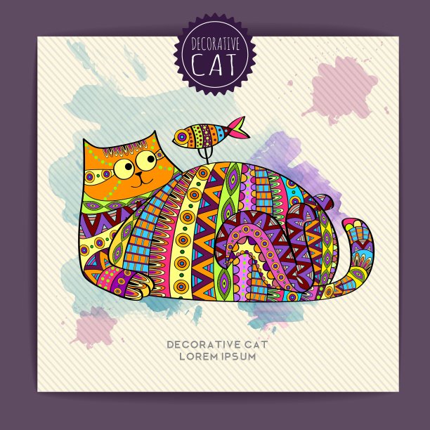 卡片与装饰猫和水彩染色图片下载