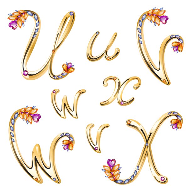 青铜字母与彩色宝石字母UVWX图片下载