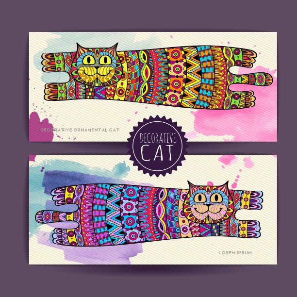 卡片与装饰猫和水彩染色图片下载