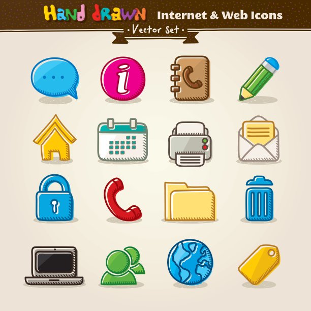 手绘互联网和网络图标集图片下载