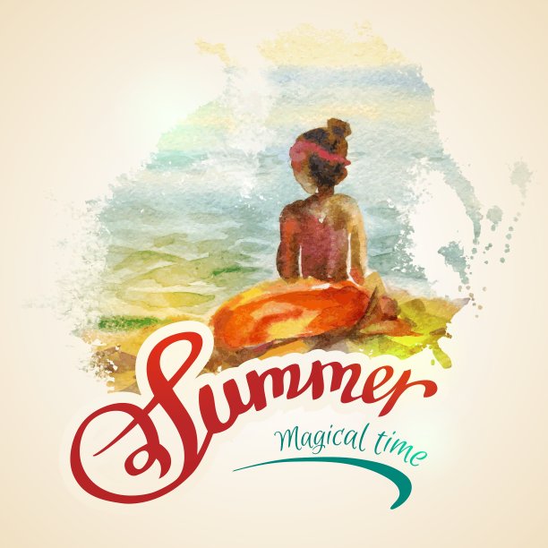 水彩海景与女孩图片下载