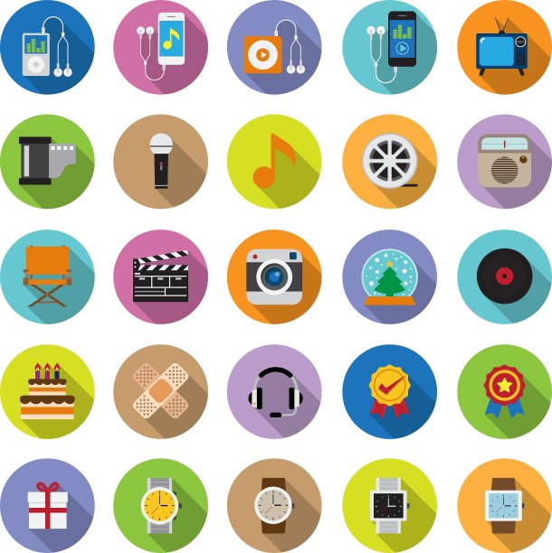 带有长阴影的平面图标集合图片下载