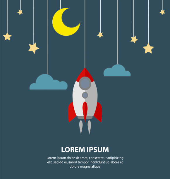 扁平的月亮星和火箭挂在绳索上图片下载