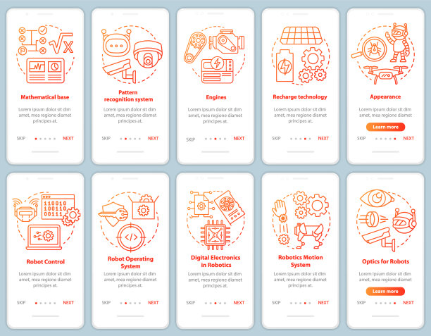 机器人学课程在移动应用页面屏幕线性概念集。机器人工程部分演练步骤，图形说明。UX, UI, GUI矢量模板与插图图片下载