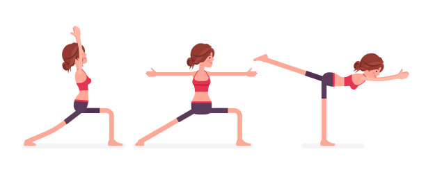 年轻运动瑜伽女性练习瑜伽，勇士姿势图片下载