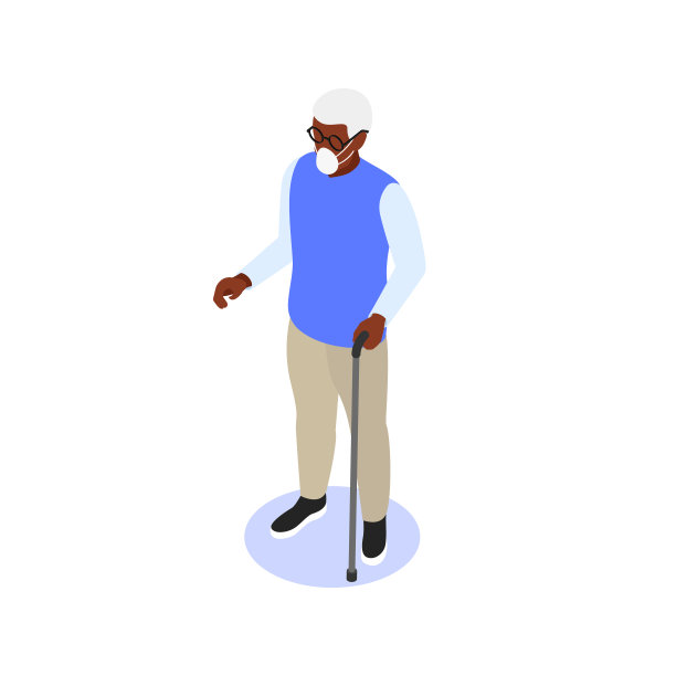 老人在一个医疗面具与一根手杖在一个白色的背景。图片下载