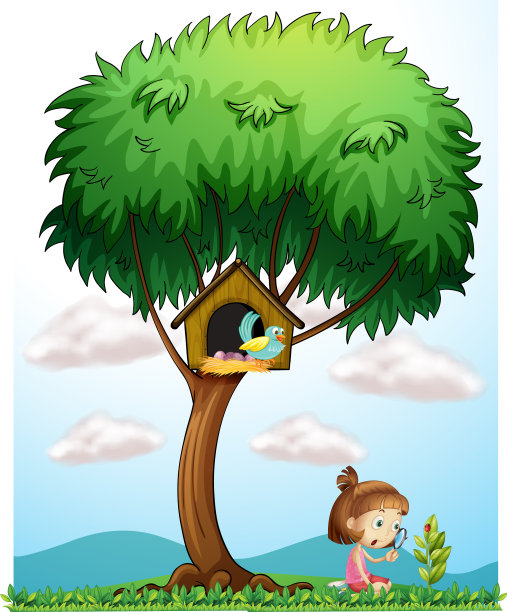 在一棵大树下拿着放大镜的女孩图片下载