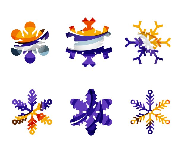 一套抽象的彩色雪花标志图标图片下载