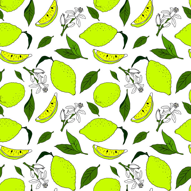 向量无缝模式与柠檬，叶子和花的图像在白色的背景。设计用于设计菜单、食谱、传单、海报、布艺、床上用品、桌布、包装纸图片下载