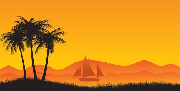 三棵棕榈树对着大海和游艇图片下载