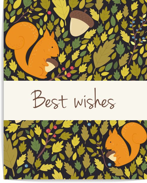 森林卡片与橡果叶和松鼠图片下载