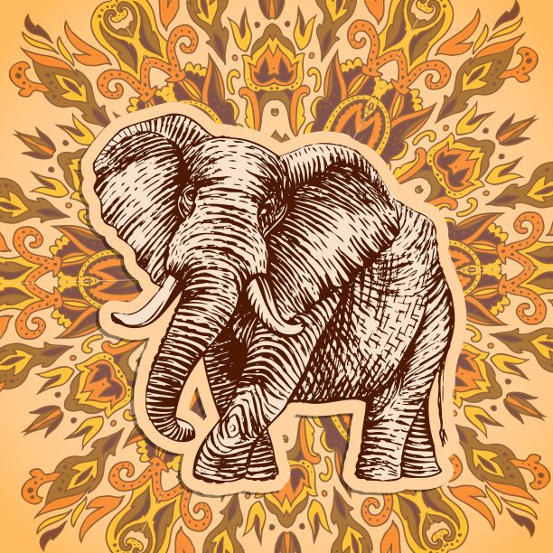 程式化的幻想图案大象手绘图片下载