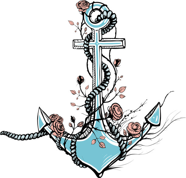 浪漫的老锚与玫瑰黑色墨水图片下载