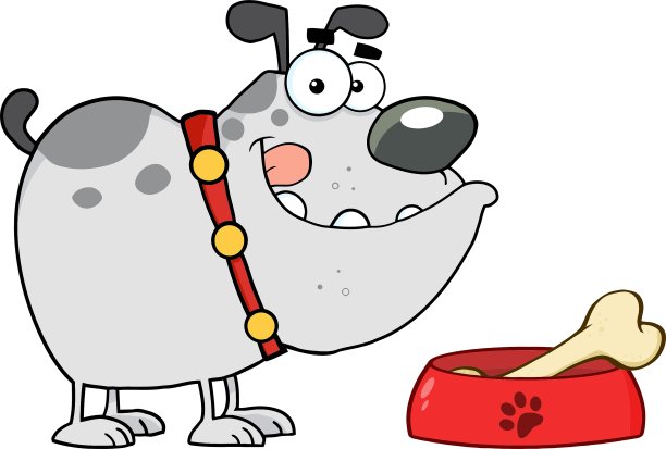 灰色斗牛犬，碗里有根骨头图片下载