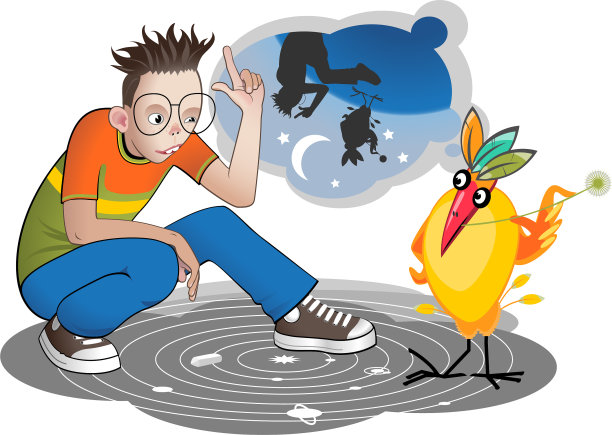 聪明可爱的小男孩向小鸟解释太阳系图片下载