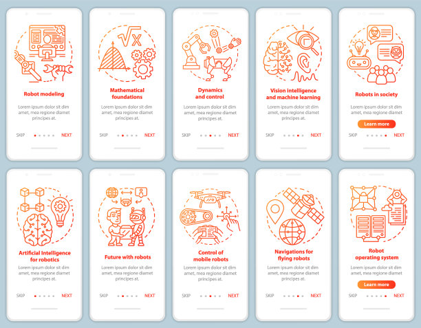 机器人课程上登移动应用程序页面屏幕矢量模板集。建模，机器人开发。用线性插图演练网站步骤。UX, UI, GUI智能手机界面概念图片下载