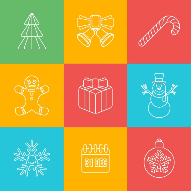 圣诞节大纲图标设置在彩色的背面图片下载