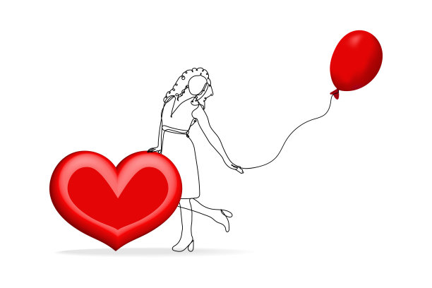矢量插图。连续的线条画着美丽的女人与红色的心和气球。可爱的小女孩在白色的背景上素描。概念为生日贺卡，横幅，海报，传单素材图片