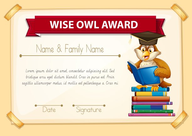 证书模板与猫头鹰阅读书籍图片下载