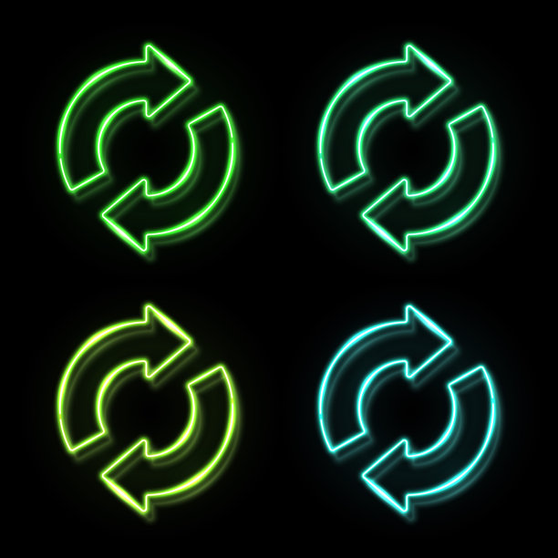 循环生态图标设置在霓虹灯风格的黑色背景。3d发光的绿色蓝色生态标志概念。循环符号中的2个箭头。有机自然设计元素。明亮的矢量图。图片下载