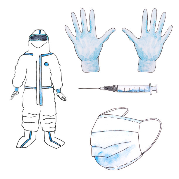水彩画-医生服，防护服，医用口罩，手套，注射器。的海报图片下载