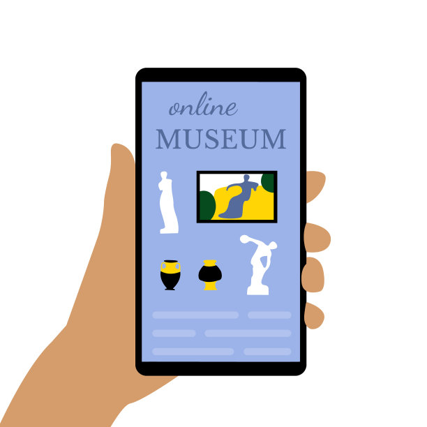 呆在家里，上网参观博物馆。手机中的画廊和博物馆。艺术品、展览和雕塑。矢量插图。图片下载