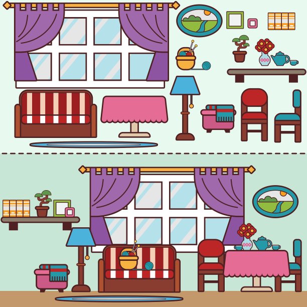 扁平式家具客厅和餐厅图片下载