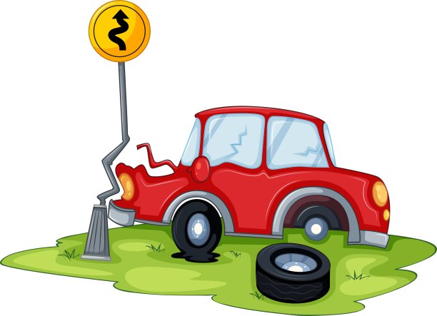 一辆红色汽车撞在路上的指示牌上图片下载