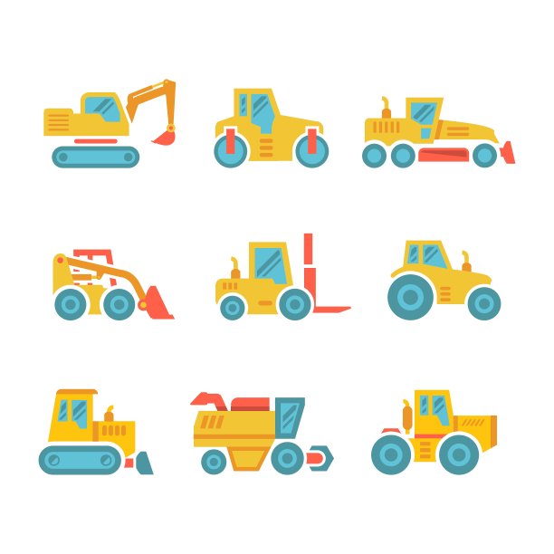 设置拖拉机农场机器的现代平面图标图片下载