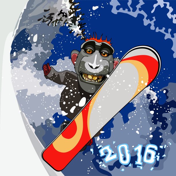 卡通微笑猴子大猩猩滑雪图片下载