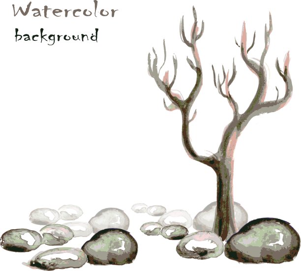 水彩背景与石头和树上图片下载