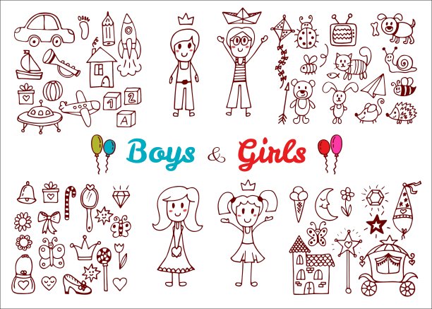 手绘男孩和女孩玩具集合元素图片下载