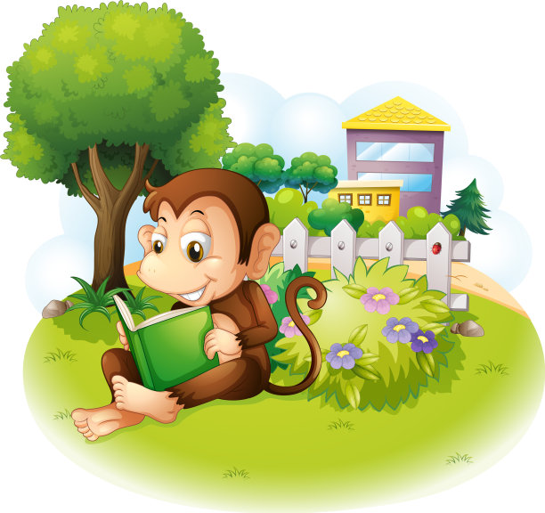一只猴子在植物旁边看书图片下载