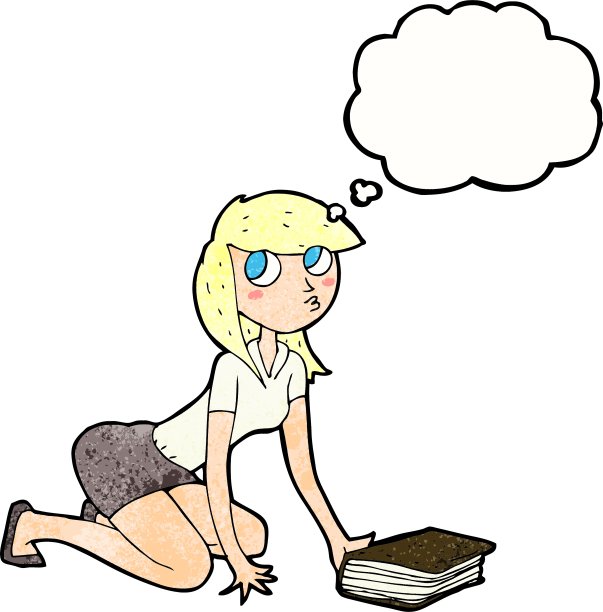 卡通女孩拿起书与思想泡沫图片下载