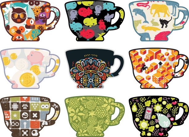 一套有趣图案的茶杯图片下载