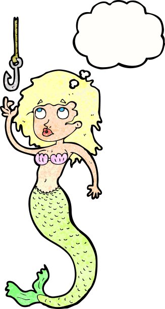 卡通美人鱼和鱼钩与思想泡泡图片下载