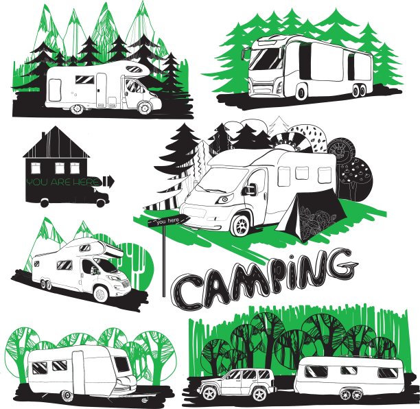 不同的房车和露营点的集合图片下载