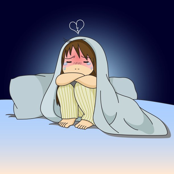 哭泣的女孩坐在床上图片下载