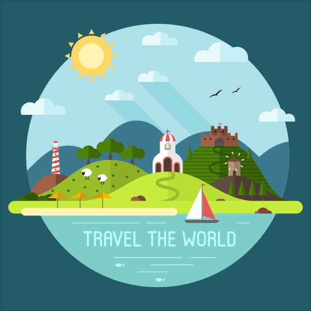 风景与海滩山教堂磨坊要塞图片下载