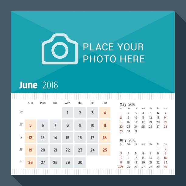 2016年6月书桌日历2016年周开始图片下载