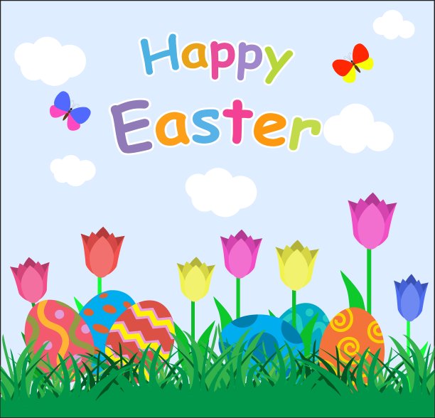 绿草里有几颗五颜六色的鸡蛋和郁金香图片下载